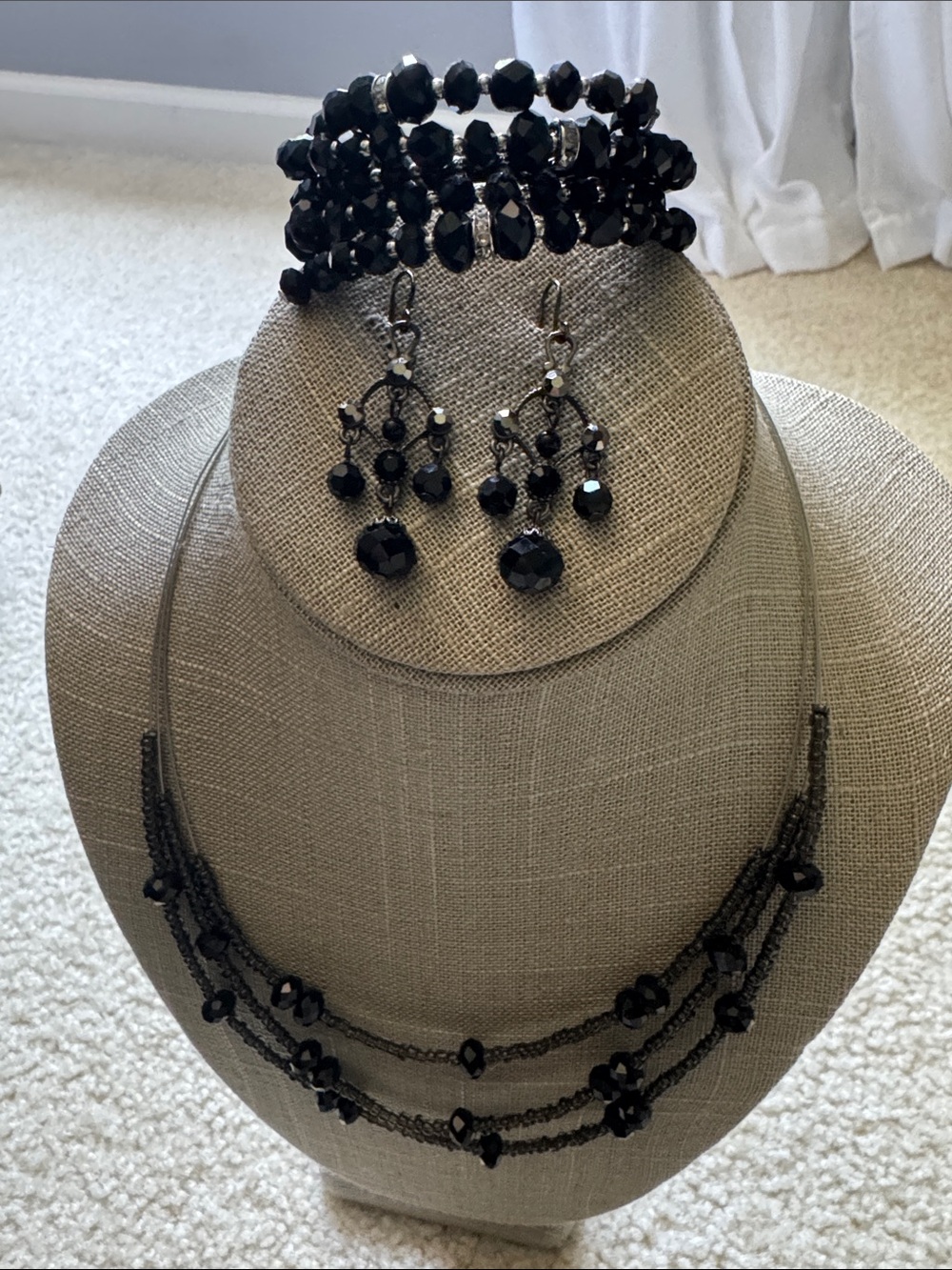 Source Unknown Black Beaded Necklace, Bracelet & Chandelier Earrings Set